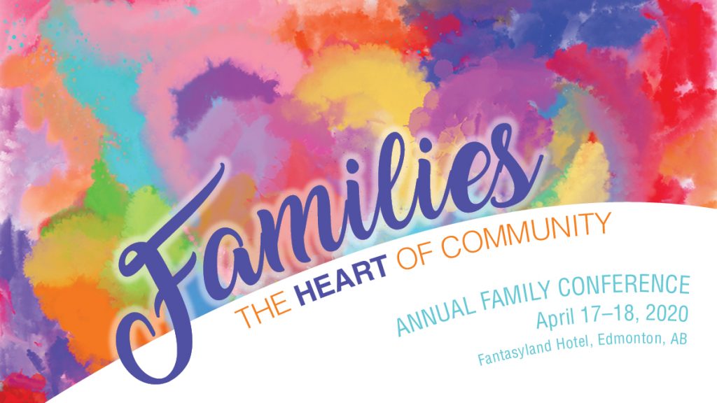 Family Conference 2020 cover image, colourful clouds, conference dates of April 17, 18, 2020 and location of Fantasyland Hotel in Edmonton