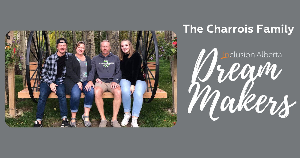 The Charrois Family, Inclusion Alberta Dream Makers. All 4 members of the family pose on a swinging bench together.