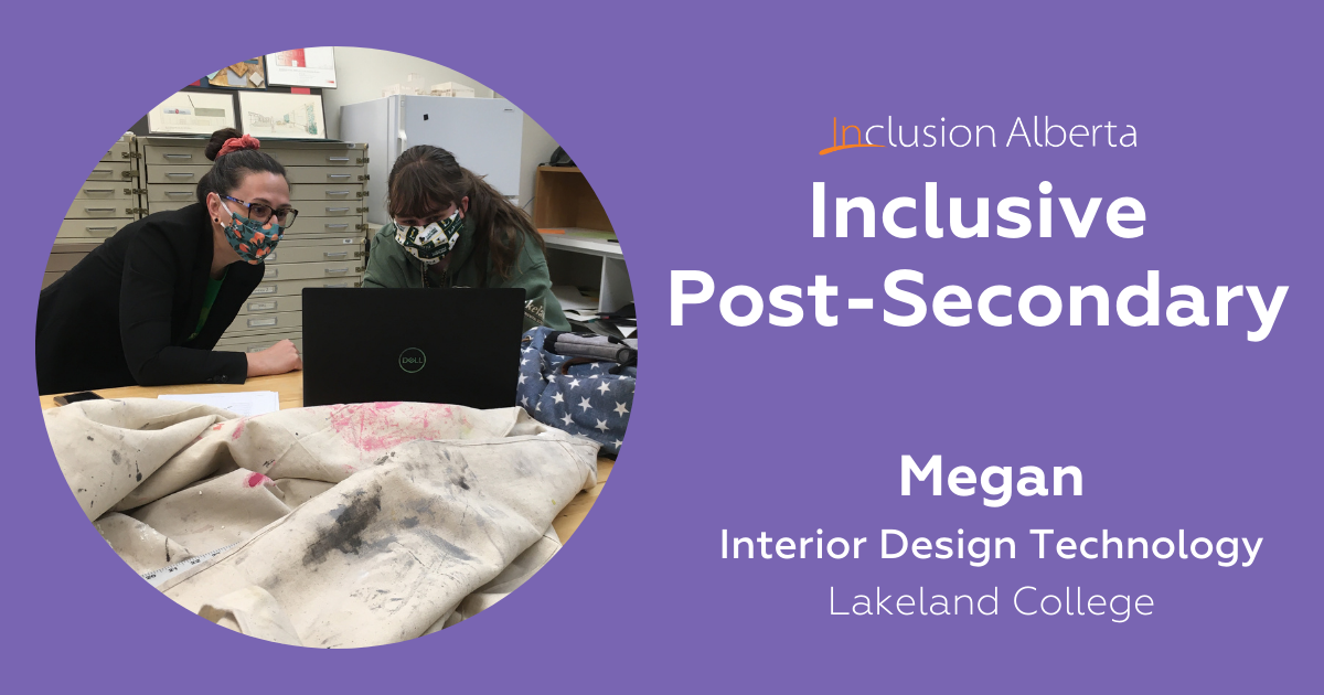 Inclusive Post Secondary, Megan at Lakeland College. Two women sit around a computer with scrap fabric strewn about the table.