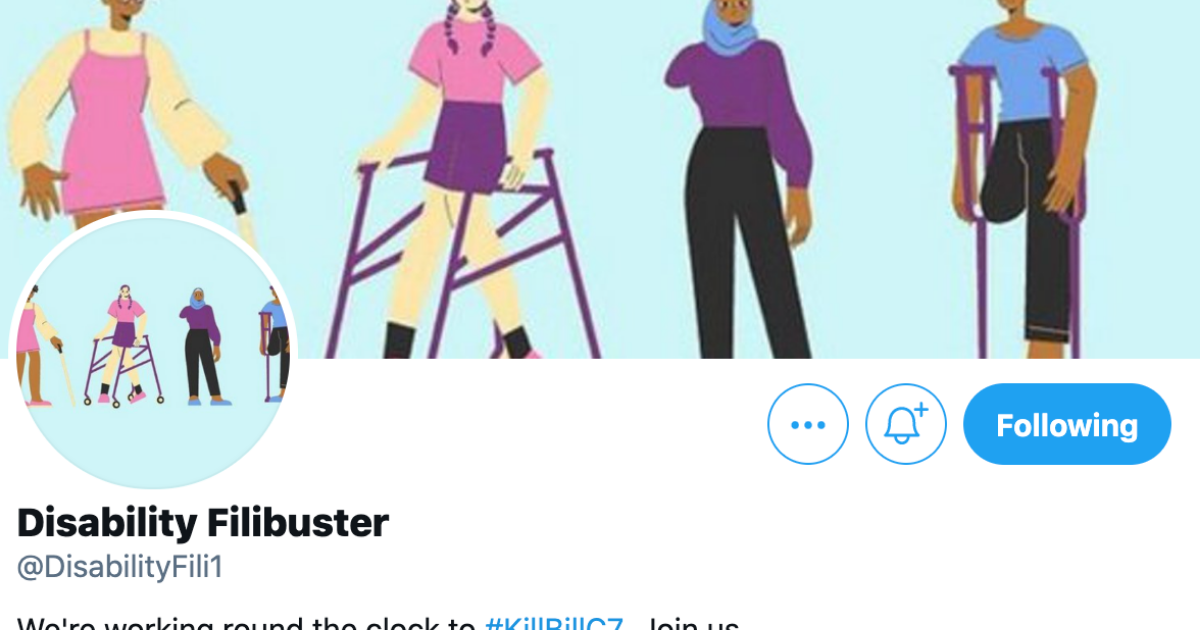 Disability filibuster twitter header, featuring drawings of four individuals with various obvious physical disabilities
