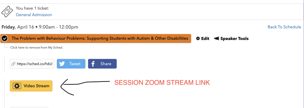 screen shot of the location of the zoom stream in the Sched online platform