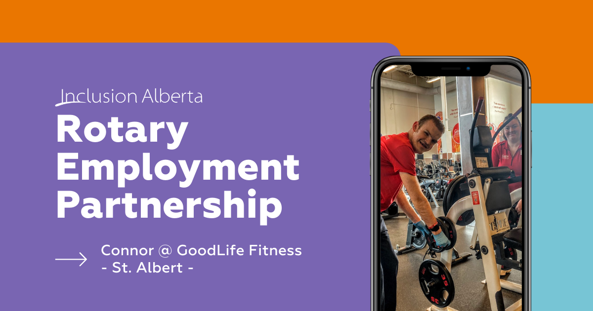 Inclusion Alberta Rotary Employment Partnership. Connor @ GoodLife Fitness, St. Albert. Connor and a coworker cold a weight bar in the gym. Both are wearing red shirts and are looking at the camera smiling.