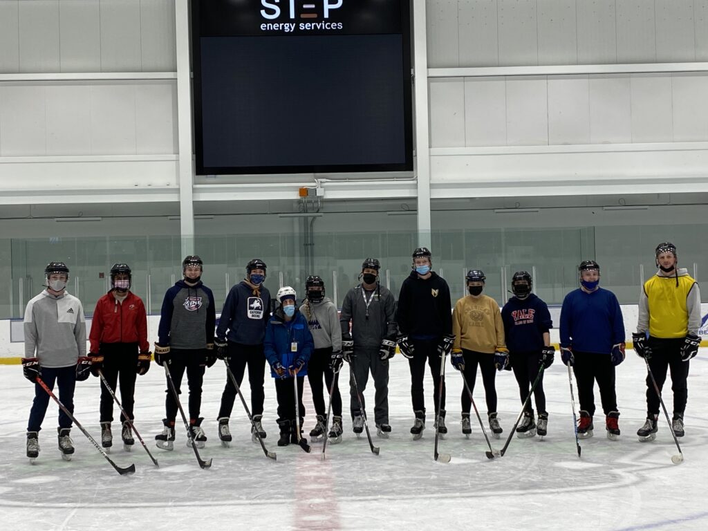 12 hockey players stand on the ice together, holding sticks and facing the camera. 